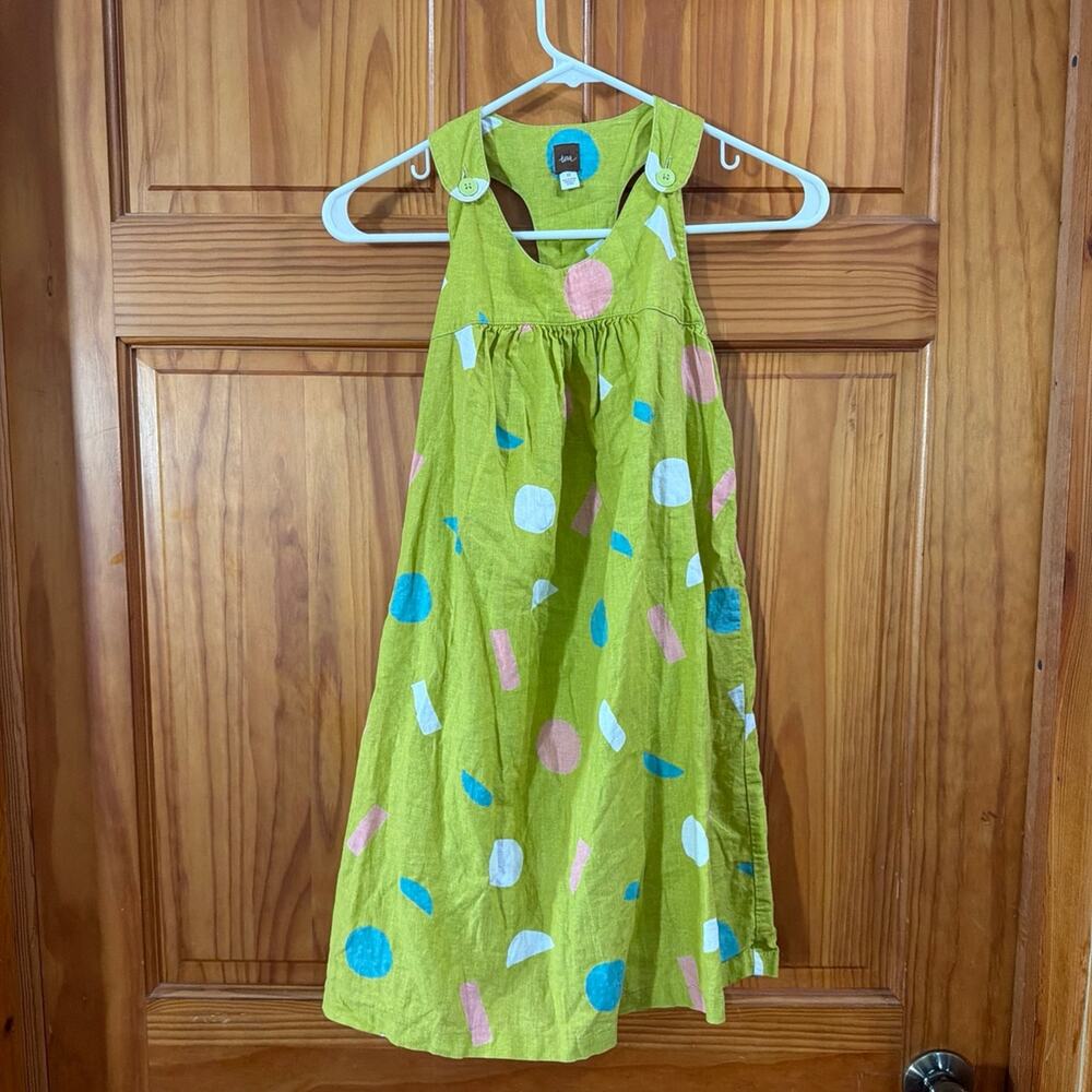 Girls Green Tea Linen Dress with Pink and Blue Shapes Size 10